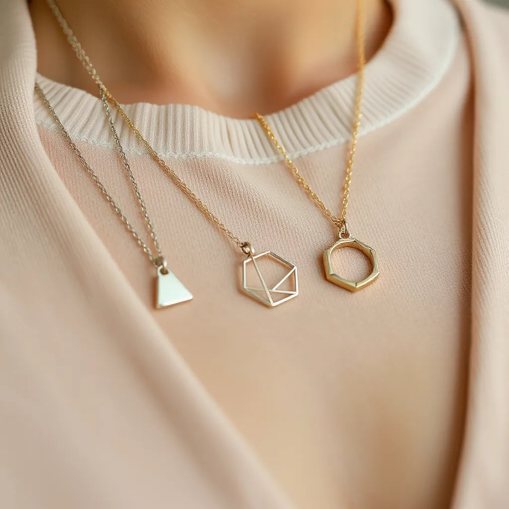 Layered geometric pendant necklaces with polished metal triangles circles and hexagons on a clean neutral background