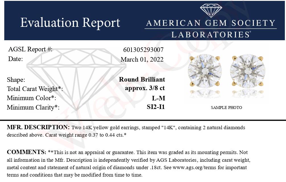 AGS Certified 14k Yellow Gold 3/8 cttw 4-Prong Set Brilliant Round-Cut Solitaire Diamond Push Back Stud Earrings (L-M Color, SI2-I1 Clarity)