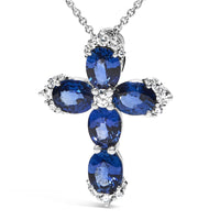 18K White Gold 3x4 MM Oval Blue Sapphire and Diamond Cross Pendant Necklace - 18