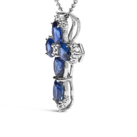 18K White Gold 3x4 MM Oval Blue Sapphire and Diamond Cross Pendant Necklace - 18