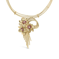 18K Yellow Gold Diamond and Red Ruby Floral Cascade Statement Necklace with 16
