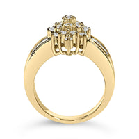 10K Yellow Gold 1.0 Cttw Round & Baguette Cut Diamond Floral Cluster Double-Channel Flared Band Statement Ring (H-I Color, SI2-I1 Clarity)