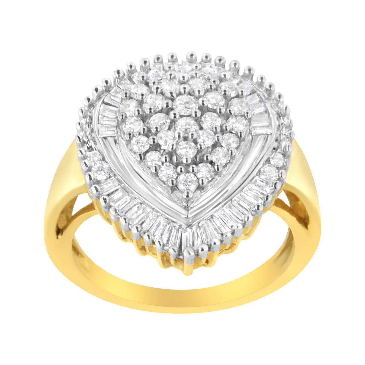 10K Yellow Gold 1.0 Cttw Round and Baguette Cut Diamond Oval Shaped Cluster Ring (I-J Color, I1-I2 Clarity)