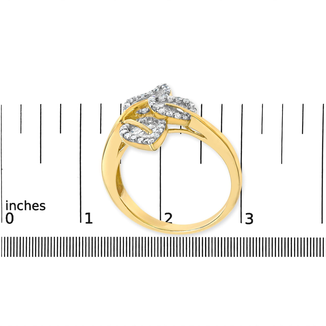 18K Yellow and White Gold Plated .925 Sterling Silver 3/8 Cttw Baguette and Round Diamond Bypass Triple Leaf Ring (I-J Color, I1-I2 Clarity)