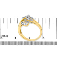 18K Yellow and White Gold Plated .925 Sterling Silver 3/8 Cttw Baguette and Round Diamond Bypass Triple Leaf Ring (I-J Color, I1-I2 Clarity)