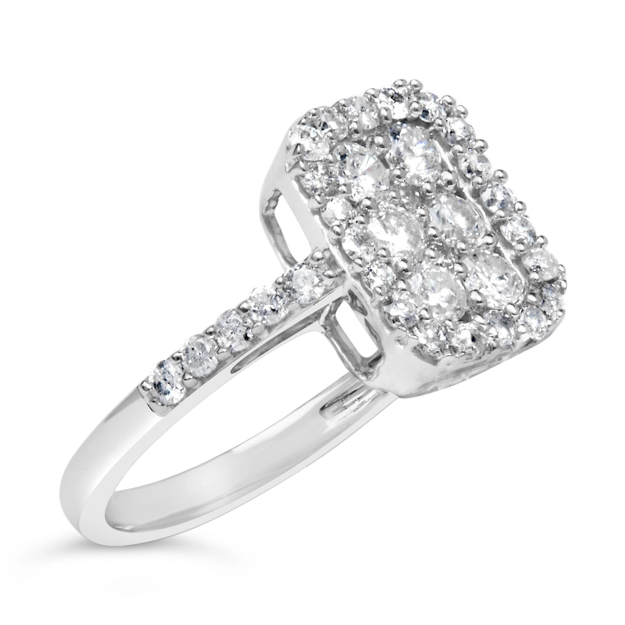 .925 Sterling Silver 1.0 Cttw Diamond Emerald-Shaped Cluster with Halo Cathedral Style Cocktail Ring (I-J Color, I3 Clarity)
