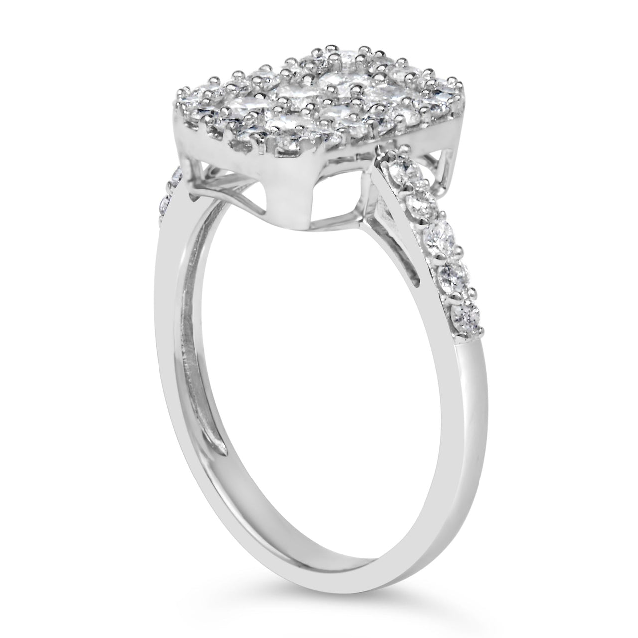 .925 Sterling Silver 1.0 Cttw Diamond Emerald-Shaped Cluster with Halo Cathedral Style Cocktail Ring (I-J Color, I3 Clarity)