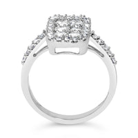 .925 Sterling Silver 1.0 Cttw Diamond Emerald-Shaped Cluster with Halo Cathedral Style Cocktail Ring (I-J Color, I3 Clarity)
