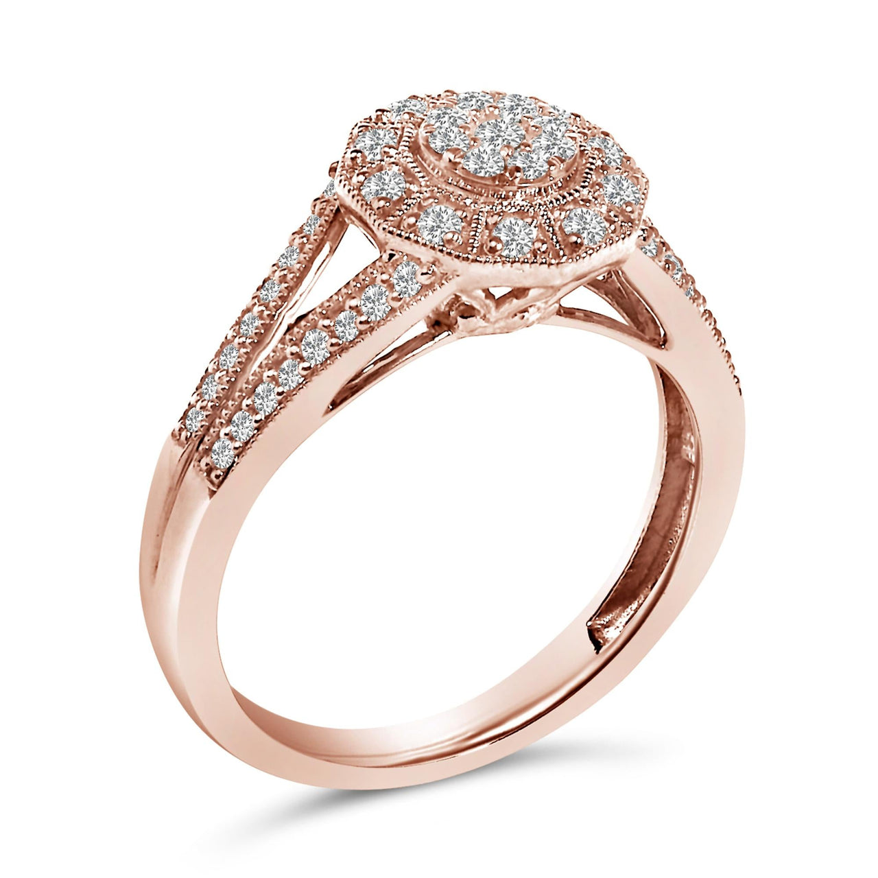 14K Rose Gold Plated .925 Sterling Silver 1/2 Cttw Pave Diamond Halo Cluster Split Shank Cocktail Ring (I-J Color, I1-I2 Clarity)