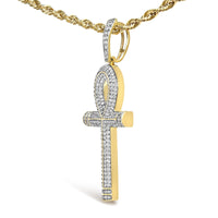 10K Yellow Gold 1 7/8 Cttw Round Diamond Ankh Cross Pendant Necklace for Men (H-I Color, SI1-SI2 Clarity) - KIAHMILLA