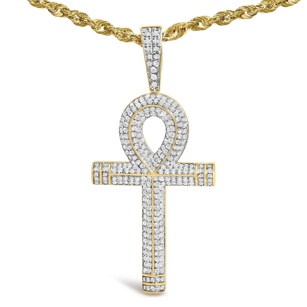 10K Yellow Gold 1 7/8 Cttw Round Diamond Ankh Cross Pendant Necklace for Men (H-I Color, SI1-SI2 Clarity) - KIAHMILLA