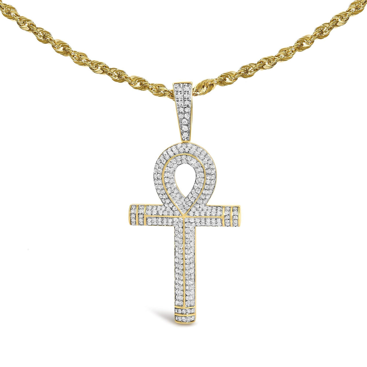 10K Yellow Gold 1 7/8 Cttw Round Diamond Ankh Cross Pendant Necklace for Men (H-I Color, SI1-SI2 Clarity) - KIAHMILLA