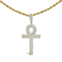 10K Yellow Gold 1 7/8 Cttw Round Diamond Ankh Cross Pendant Necklace for Men (H-I Color, SI1-SI2 Clarity) - KIAHMILLA