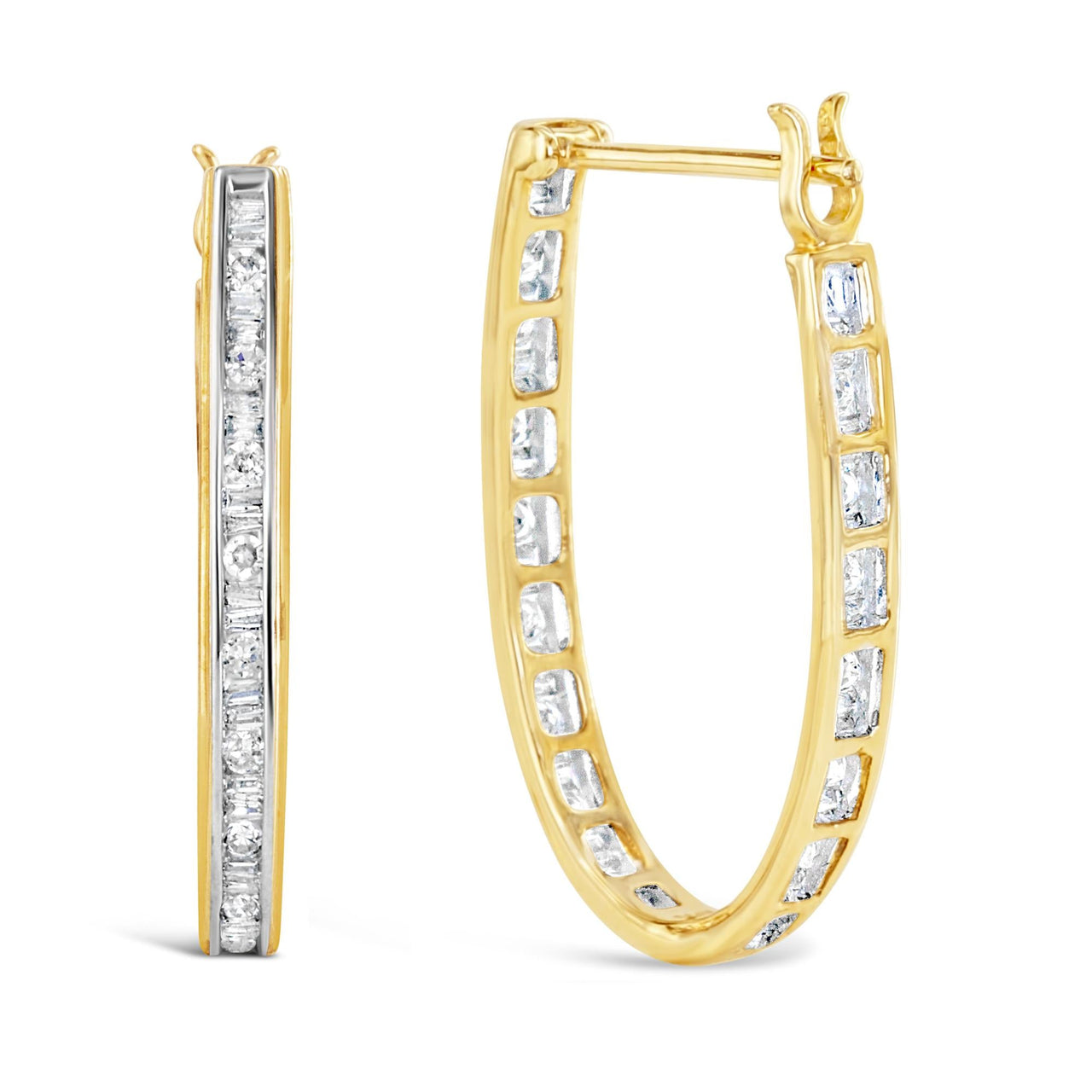 10K Yellow Gold 1.00 Cttw Round and Baguette-Cut Diamond U-Hoop Earrings (H-I Color, SI2-I1 Clarity) - KIAHMILLA