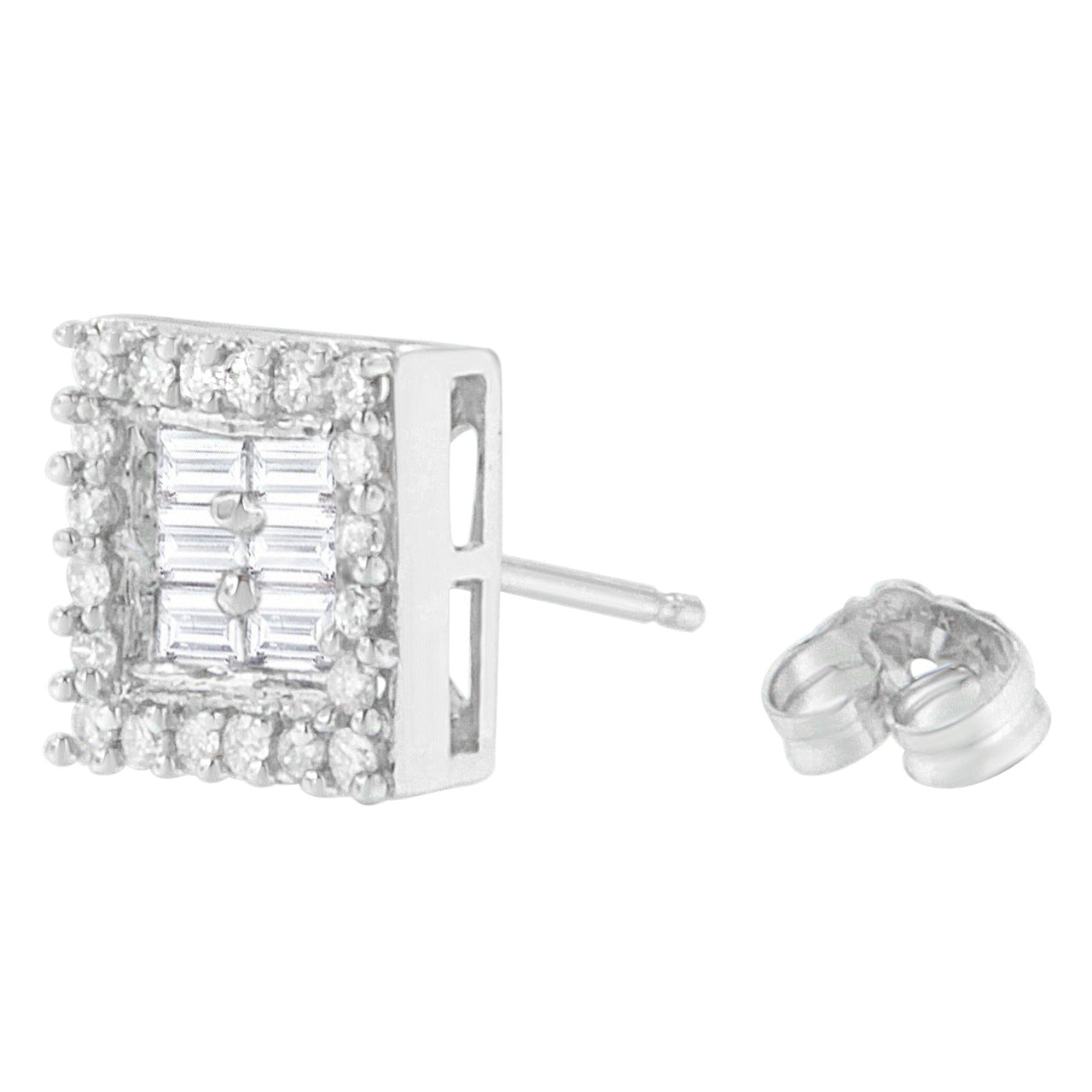 14K White Gold 1 cttw Round and Baguette Diamond Stud Earrings (H-I, SI1-SI2) - KIAHMILLA