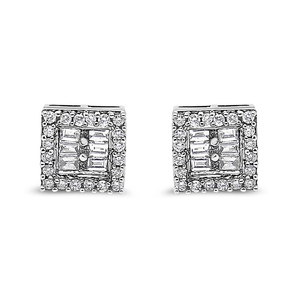14K White Gold 1 cttw Round and Baguette Diamond Stud Earrings (H-I, SI1-SI2) - KIAHMILLA