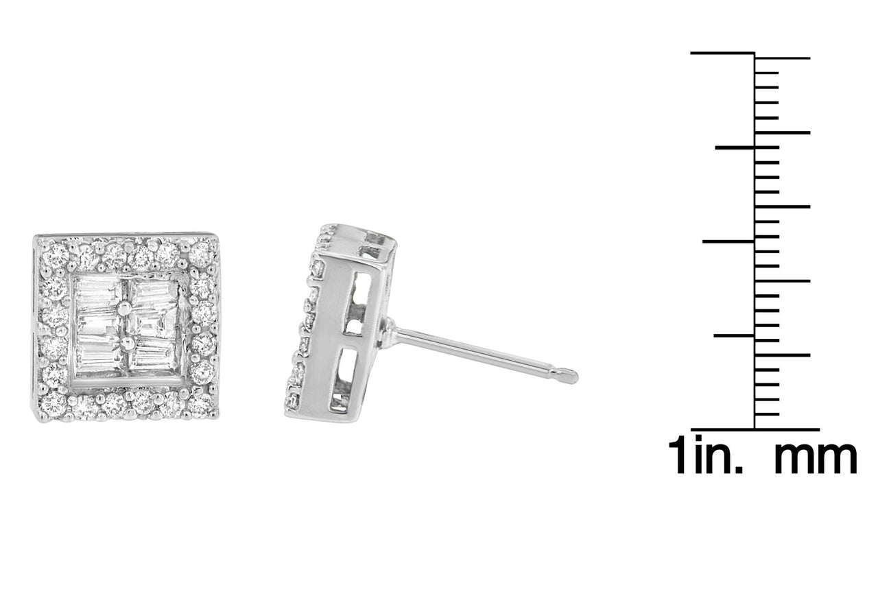 14K White Gold 1 cttw Round and Baguette Diamond Stud Earrings (H-I, SI1-SI2) - KIAHMILLA