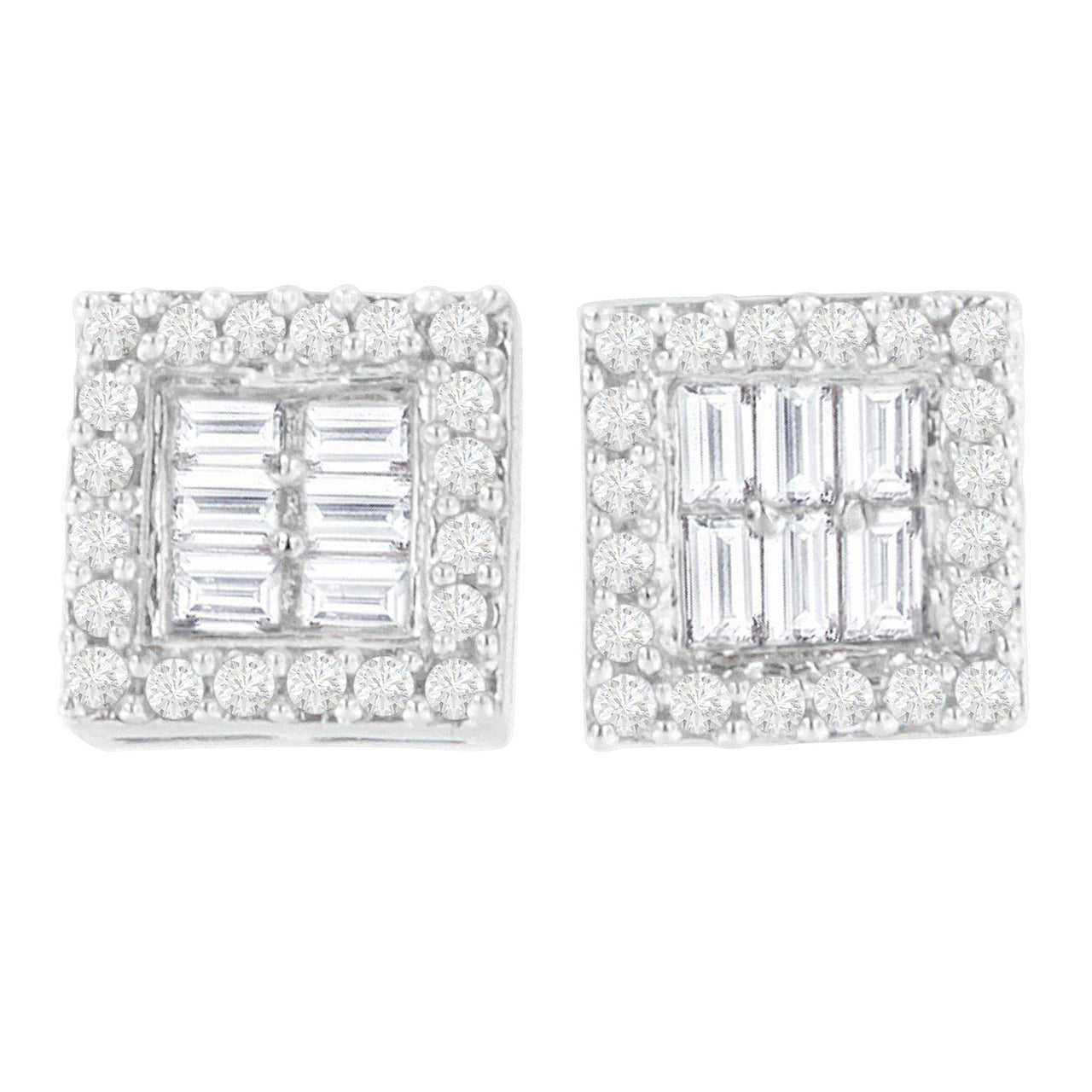 14K White Gold 1 cttw Round and Baguette Diamond Stud Earrings (H-I, SI1-SI2) - KIAHMILLA