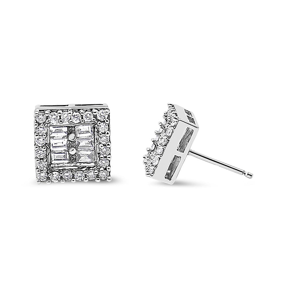 14K White Gold 1 cttw Round and Baguette Diamond Stud Earrings (H-I, SI1-SI2) - KIAHMILLA