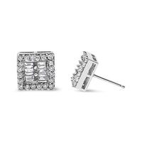 14K White Gold 1 cttw Round and Baguette Diamond Stud Earrings (H-I, SI1-SI2) - KIAHMILLA