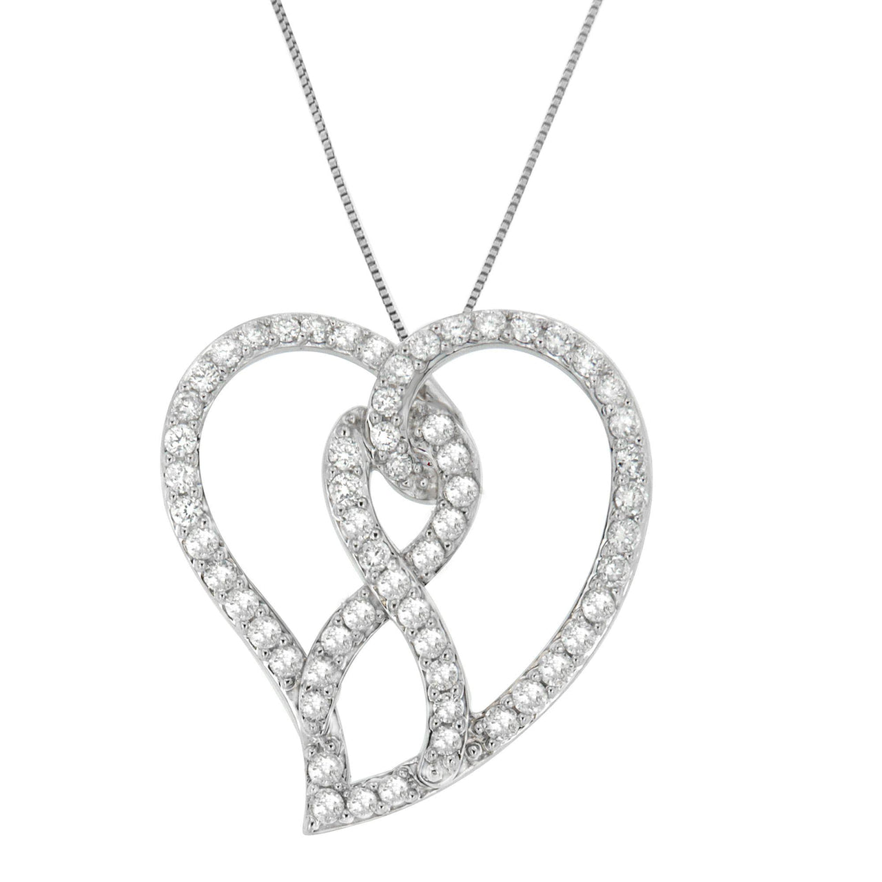 14K White Gold 1.0 Cttw White Diamond Awareness Ribbon & Open Heart 18" Pendant Necklace (H-I Color, I1-I2 Clarity) - White Diamond Ribbon - KIAHMILLA