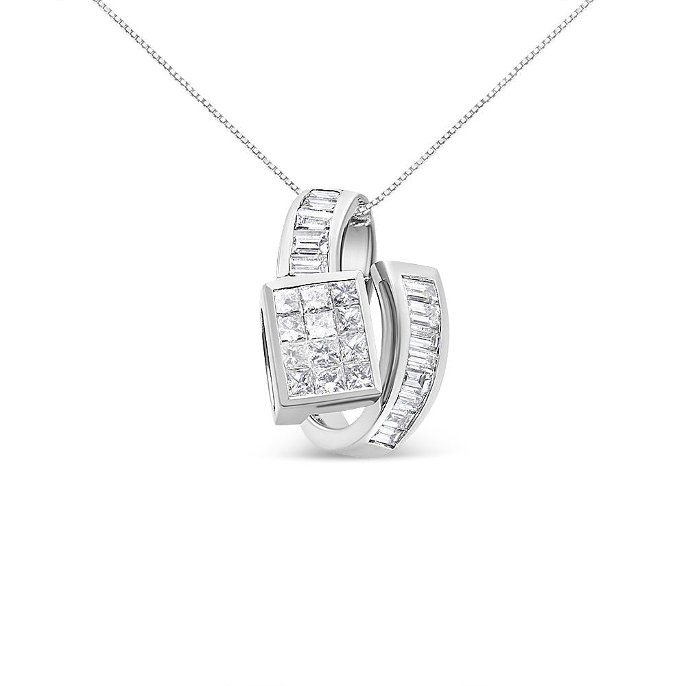 14K White Gold 2 cttw Princess and Baguette Cut Diamond Double Loop Pendant Necklace (G-H, VS1-VS2) - KIAHMILLA