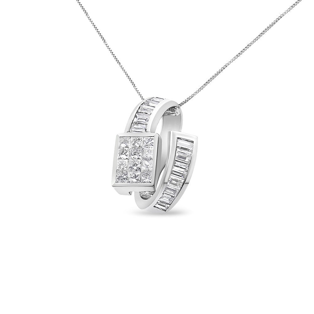 14K White Gold 2 cttw Princess and Baguette Cut Diamond Double Loop Pendant Necklace (G-H, VS1-VS2) - KIAHMILLA