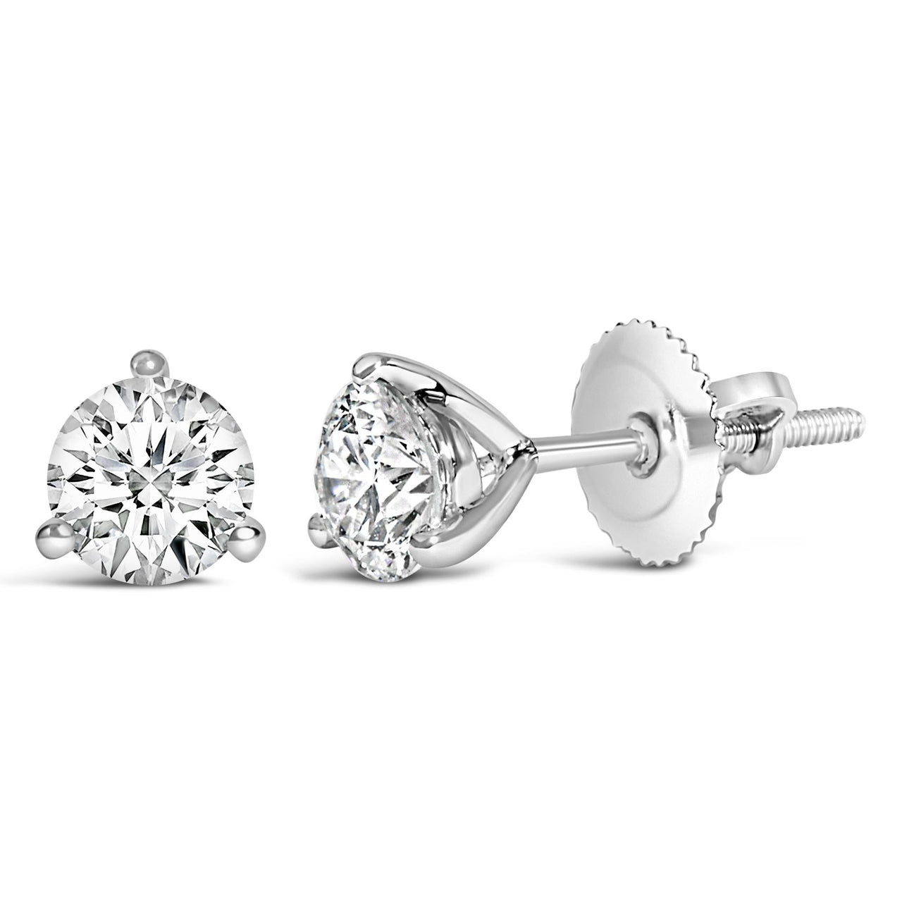 14K White Gold 3-Prong Martini Set Brilliant Round-Cut Solitaire Lab Grown Diamond Screwback Stud Earrings - KIAHMILLA