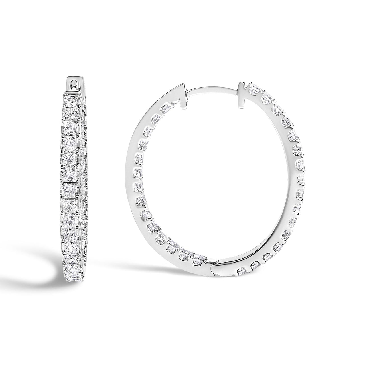 14K White Gold 3.00 Cttw Princess Diamond Inside Out Elongated Hoop Earrings - KIAHMILLA