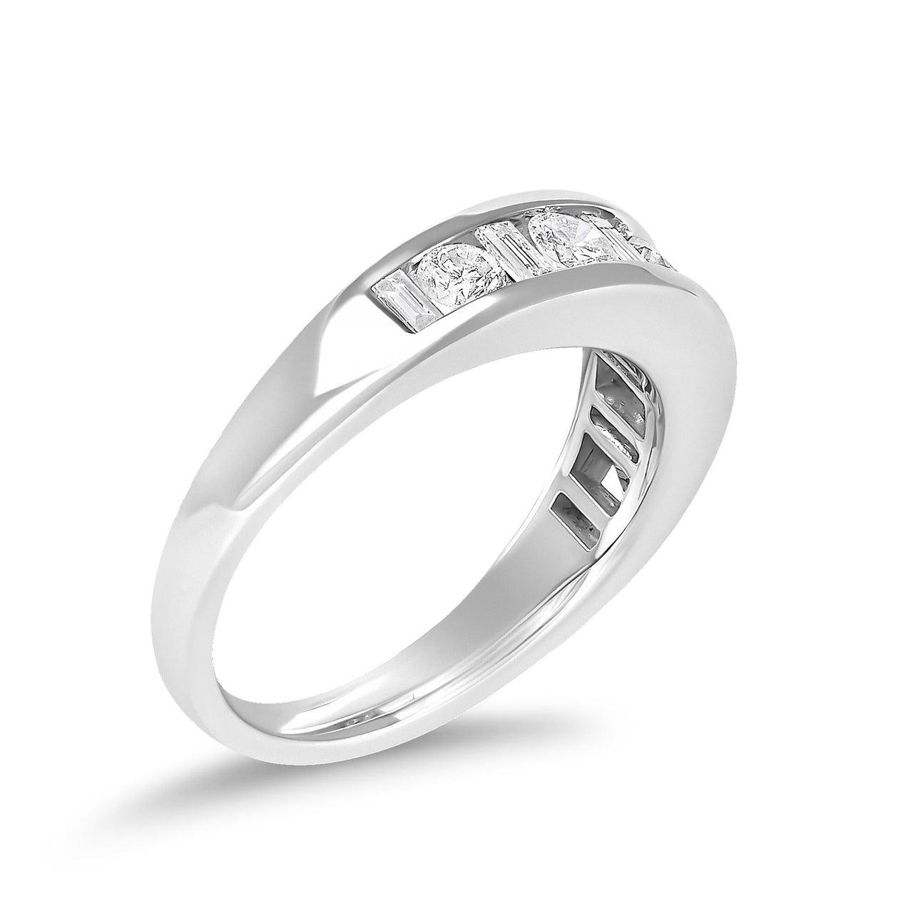 14K White Gold Alternating 1.0 Cttw Round and Baguette Diamond Channel Band Ring - KIAHMILLA