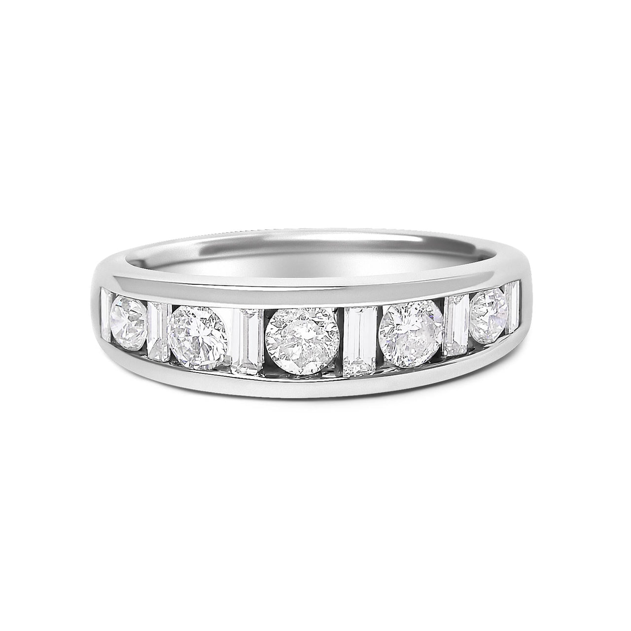 14K White Gold Alternating 1.0 Cttw Round and Baguette Diamond Channel Band Ring - KIAHMILLA