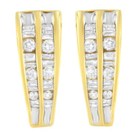 14K Yellow and White Gold 1.0 Cttw Channel Set Round and Baguette Diamond Multi Row Huggy Hoop Earrings (I-J Color, I2-I3 Clarity) - KIAHMILLA