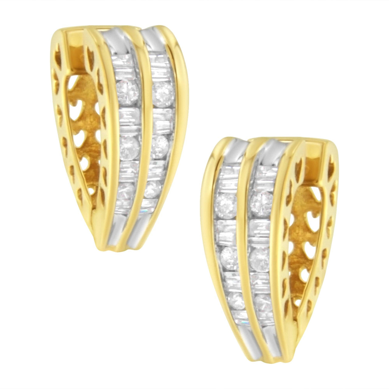 14K Yellow and White Gold 1.0 Cttw Channel Set Round and Baguette Diamond Multi Row Huggy Hoop Earrings (I-J Color, I2-I3 Clarity) - KIAHMILLA