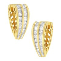14K Yellow and White Gold 1.0 Cttw Channel Set Round and Baguette Diamond Multi Row Huggy Hoop Earrings (I-J Color, I2-I3 Clarity) - KIAHMILLA