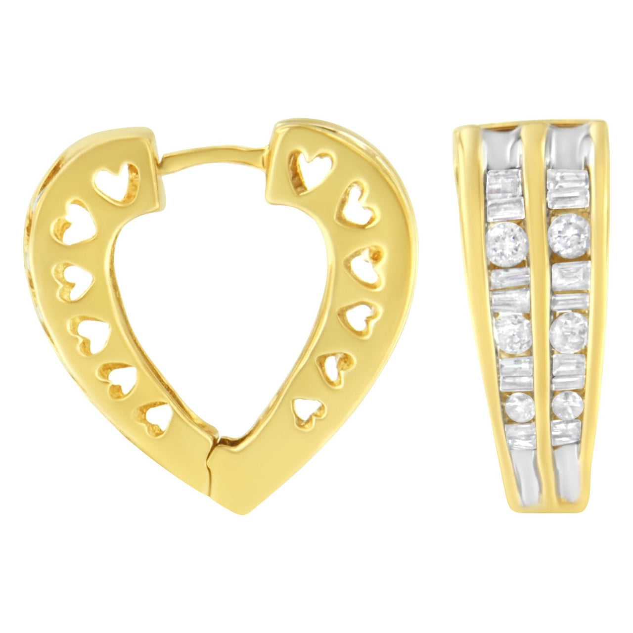 14K Yellow and White Gold 1.0 Cttw Channel Set Round and Baguette Diamond Multi Row Huggy Hoop Earrings (I-J Color, I2-I3 Clarity) - KIAHMILLA