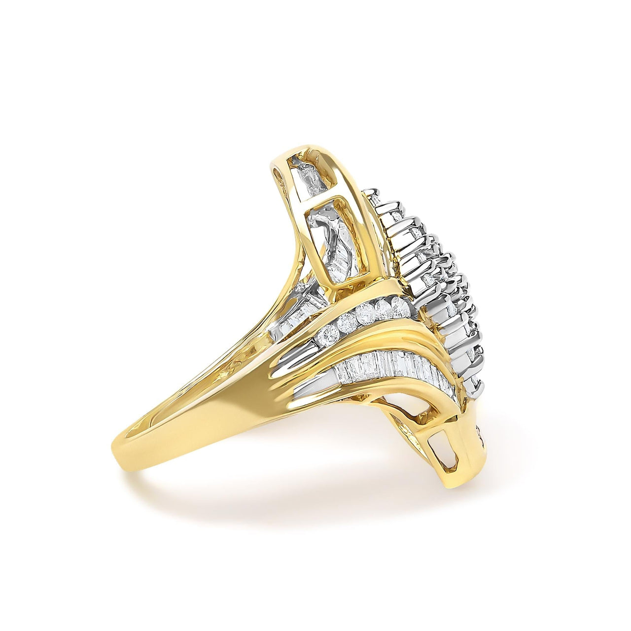 14K Yellow Gold 1-1/3 Cttw Round and Baguette Diamond Bypass Cocktail Ring - KIAHMILLA