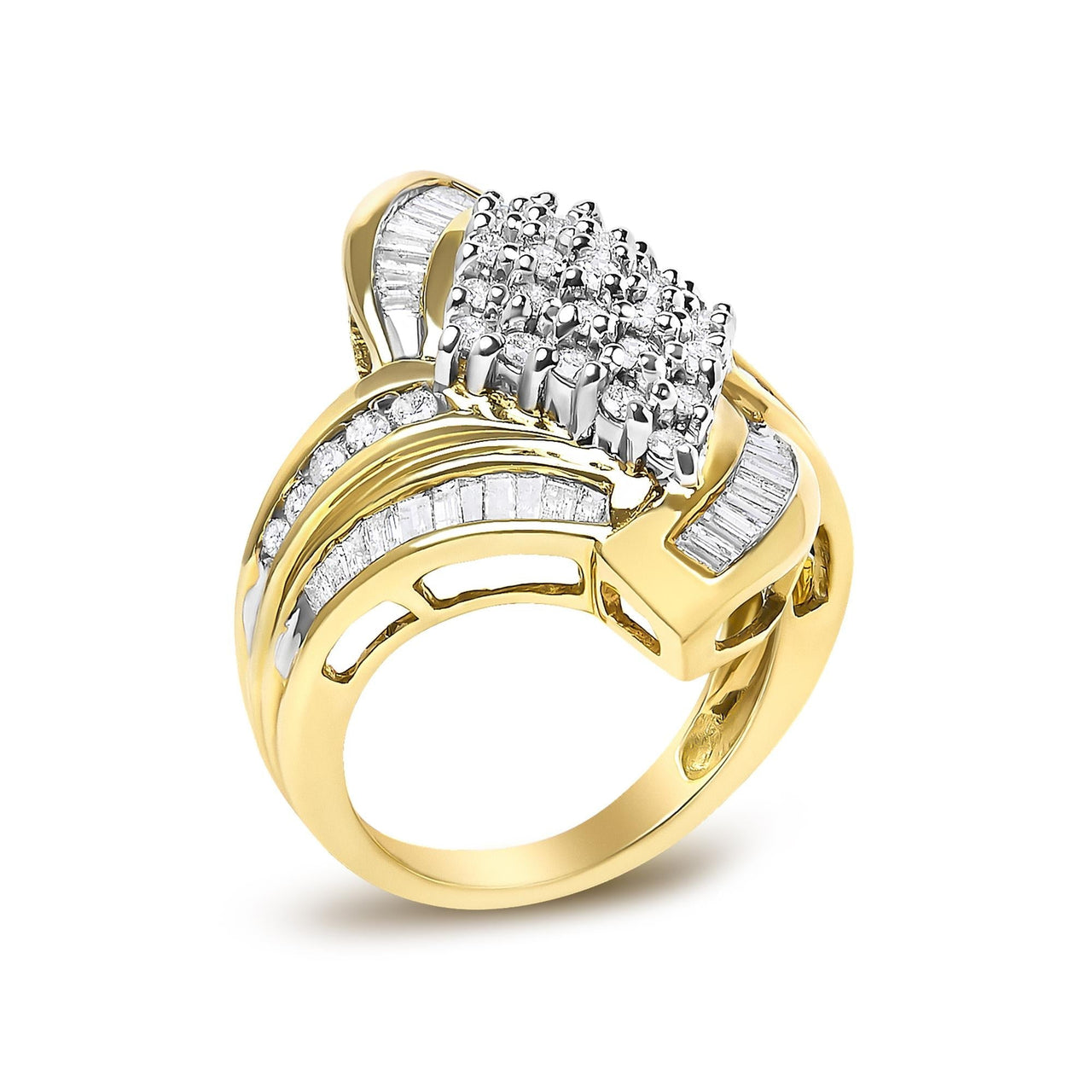 14K Yellow Gold 1-1/3 Cttw Round and Baguette Diamond Bypass Cocktail Ring - KIAHMILLA