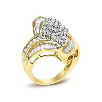 14K Yellow Gold 1-1/3 Cttw Round and Baguette Diamond Bypass Cocktail Ring - KIAHMILLA