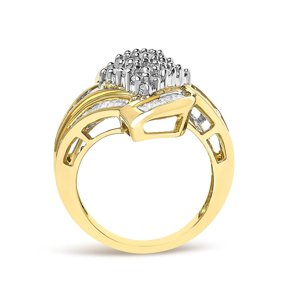 14K Yellow Gold 1-1/3 Cttw Round and Baguette Diamond Bypass Cocktail Ring - KIAHMILLA