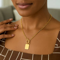 14k Yellow Gold Paperclip Chain Necklace with Rounded Rectangle Pendant - KIAHMILLA