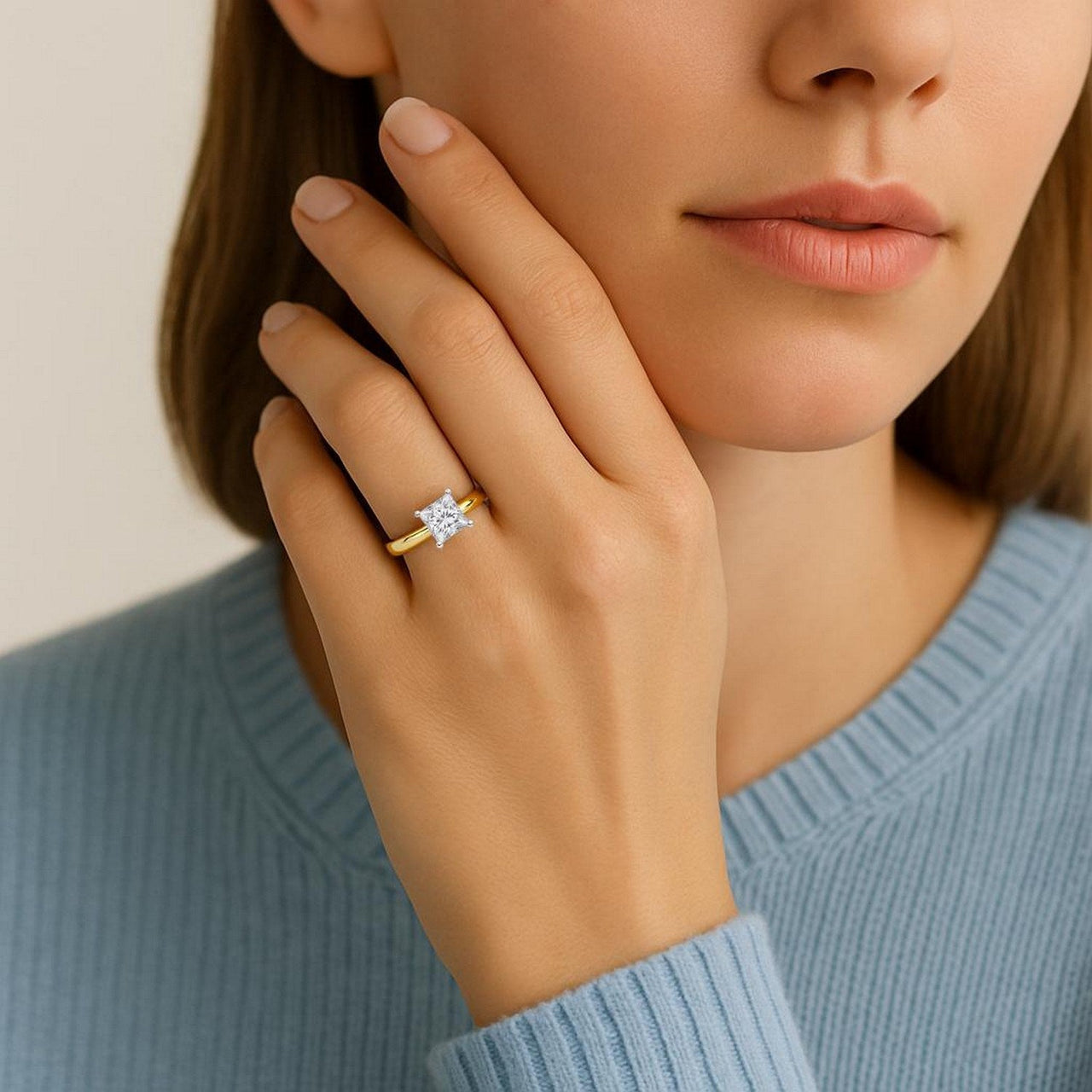 1.50Ct Princess Lab Grown IGI G/VS1 Diamond Ring in 10K Yellow Gold - KIAHMILLA