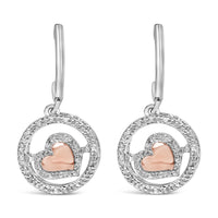 14K Rose Gold Plated .925 Sterling Silver 1/5 Cttw Diamond Circle and Heart Drop Earrings