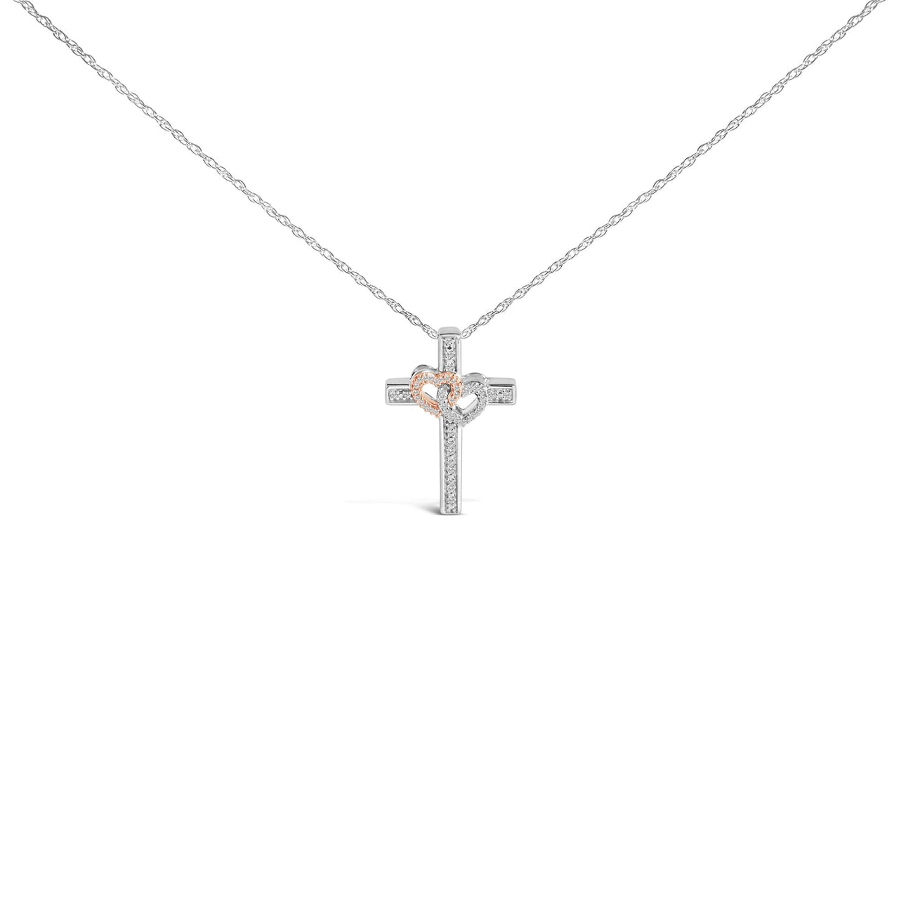 14K Rose Gold Plated Sterling Silver 1/10 Cttw Diamond Cross & Heart Pendant Necklace