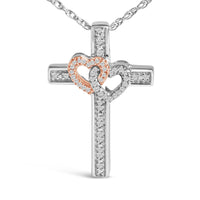 14K Rose Gold Plated Sterling Silver 1/10 Cttw Diamond Cross & Heart Pendant Necklace