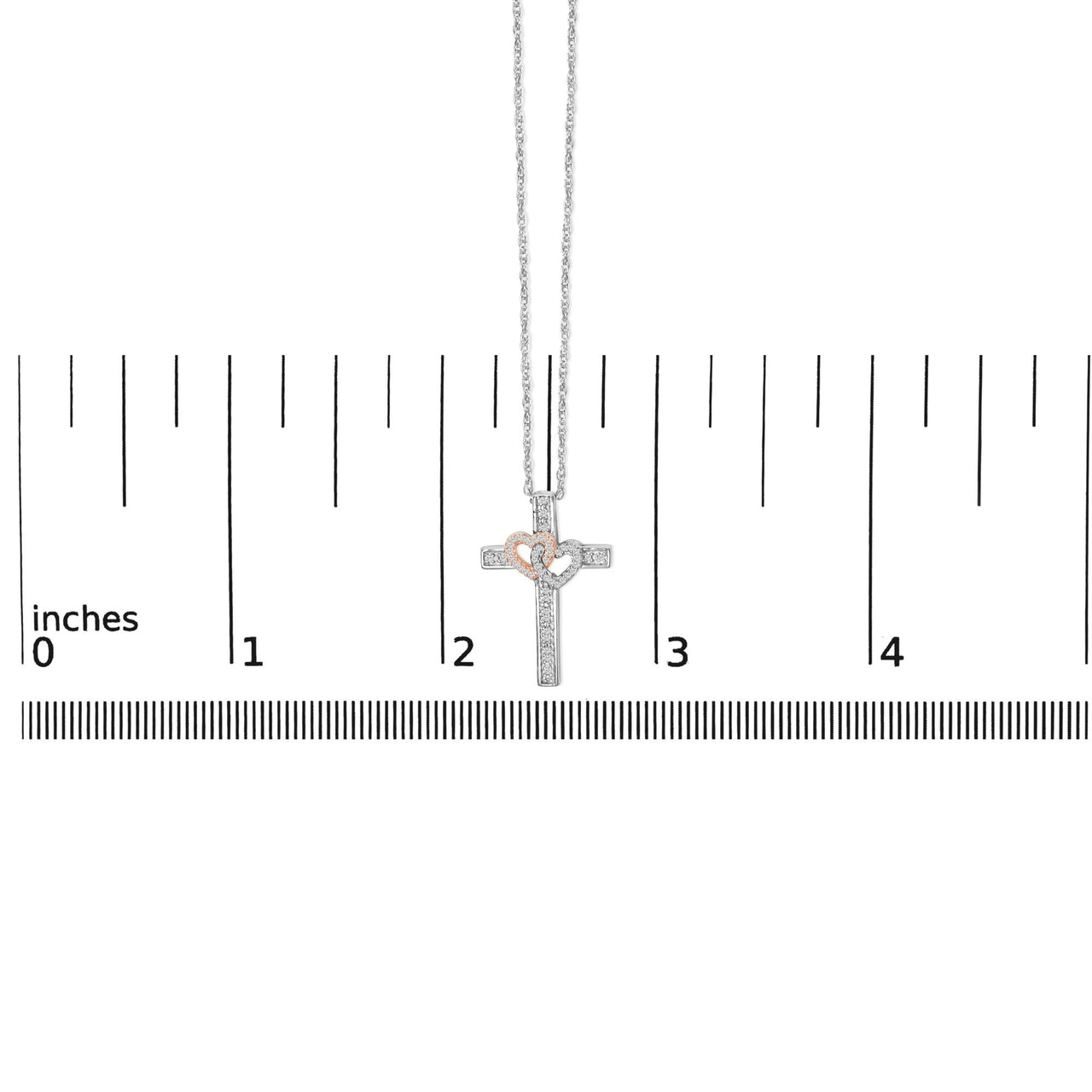 14K Rose Gold Plated Sterling Silver 1/10 Cttw Diamond Cross & Heart Pendant Necklace