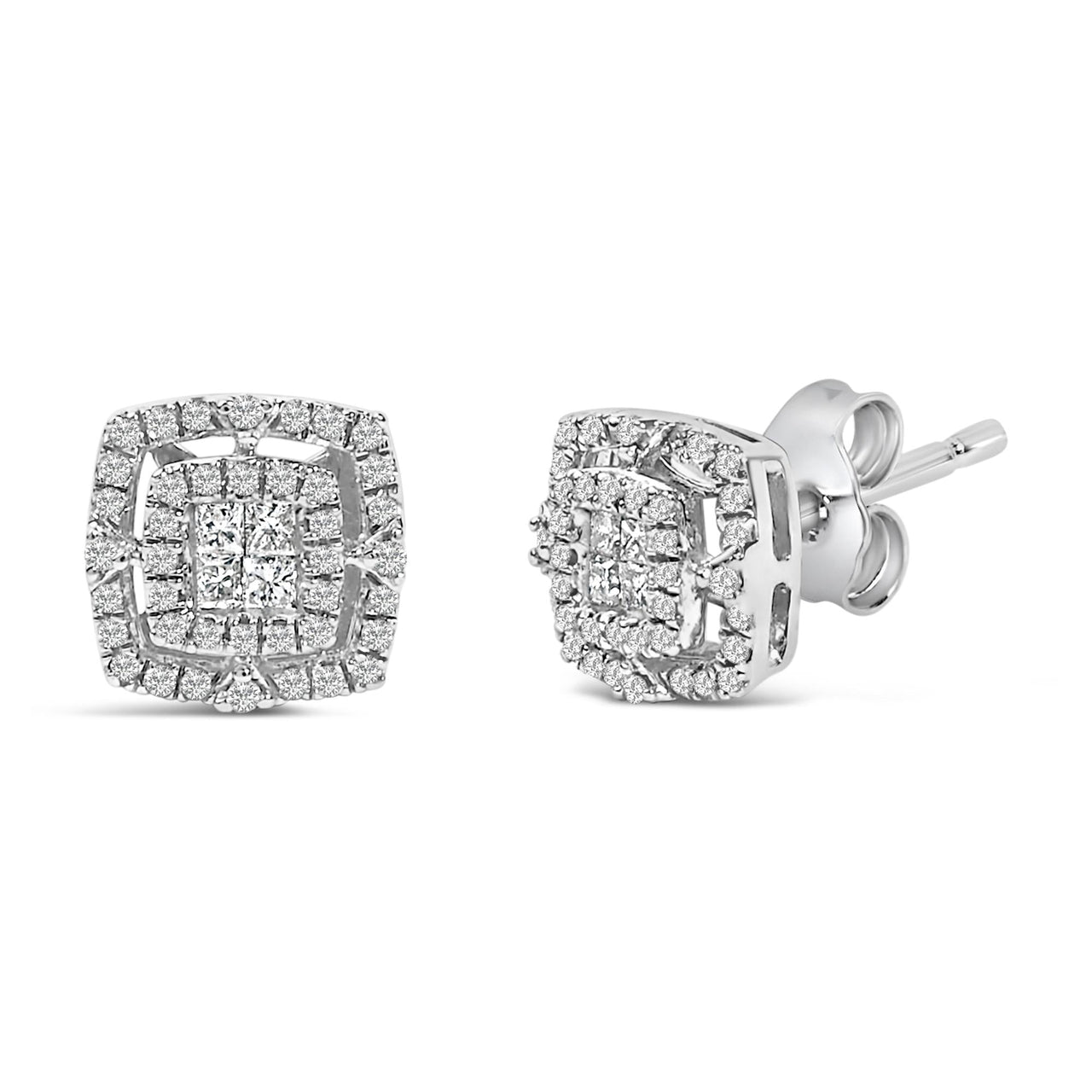 .925 Sterling Silver 1/4 Cttw Diamond Double Halo Cushion Shaped Stud Earrings