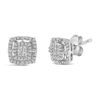 .925 Sterling Silver 1/4 Cttw Diamond Double Halo Cushion Shaped Stud Earrings