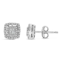 .925 Sterling Silver 1/4 Cttw Diamond Double Halo Cushion Shaped Stud Earrings