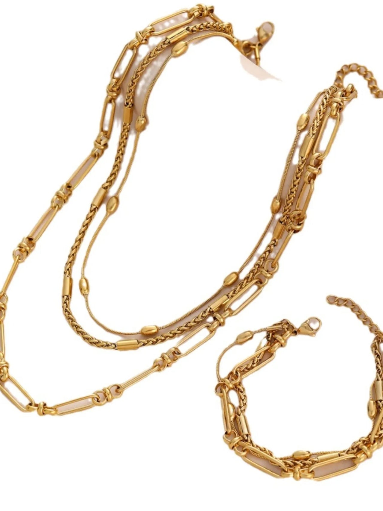 18K Gold - Plated Layered Chain Necklace and Bracelet Jewelry Set - Coolpeacock