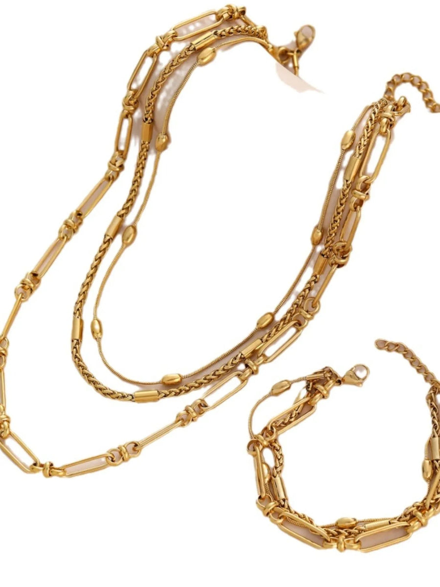 18K Gold - Plated Layered Chain Necklace and Bracelet Jewelry Set - Coolpeacock